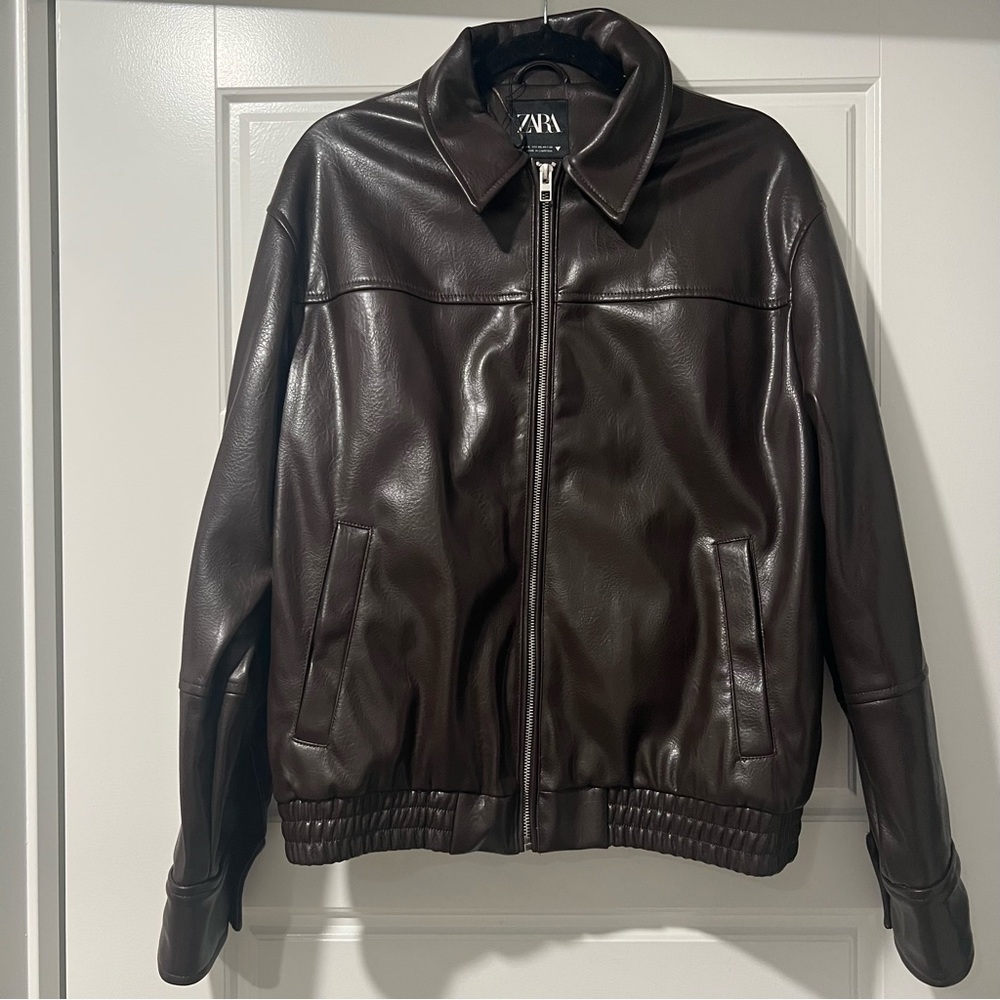 Zara Dark Brown leather faux leather zip Bomber Jacket